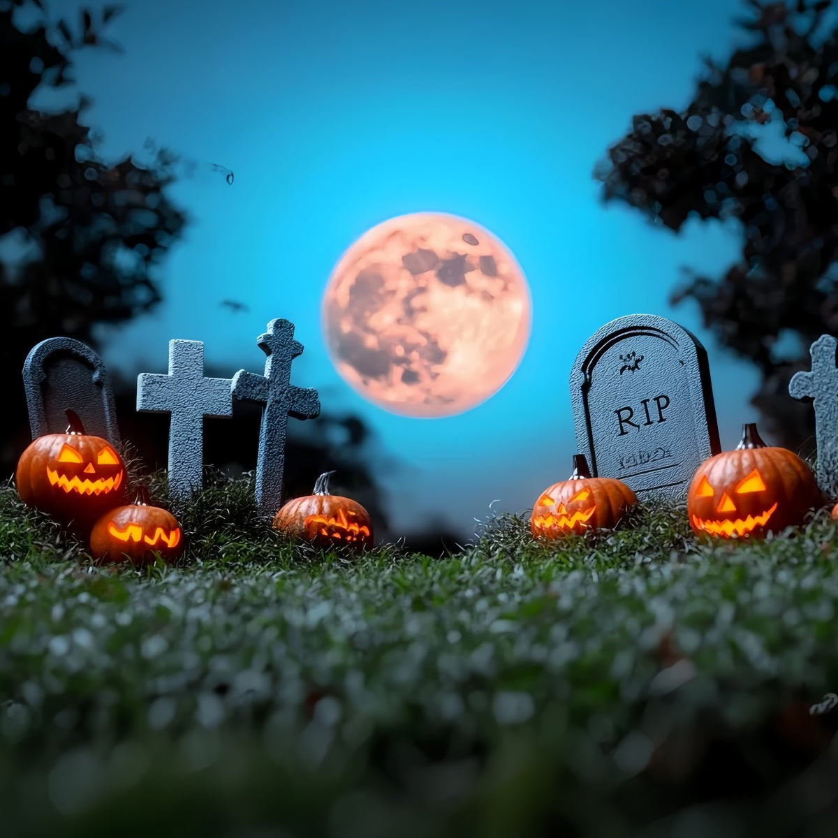 Moon Backdrop Cemetery Pumpkins Full Moon Halloween Photo Backdrop UK CSH58-69