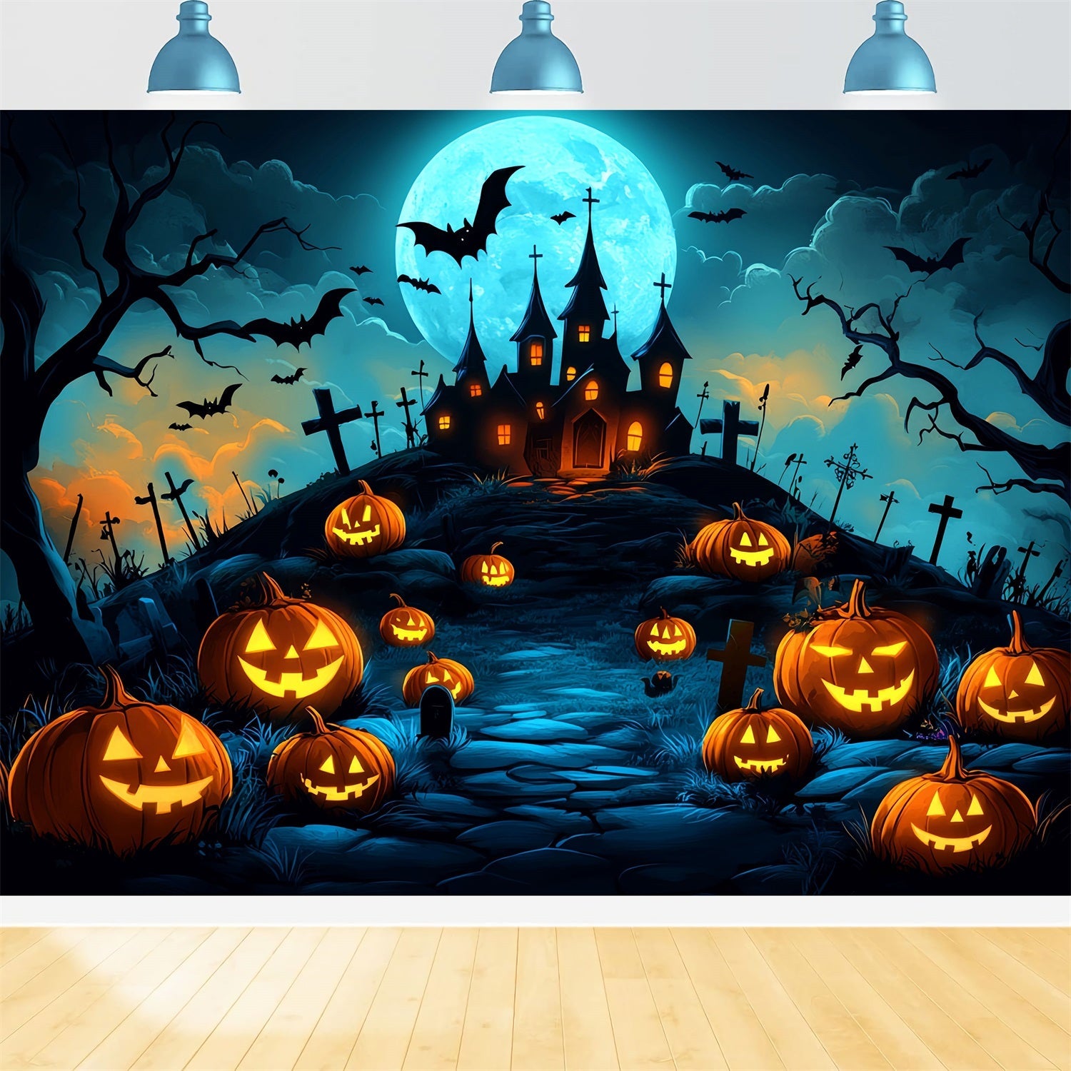 Moon Backdrop Pumpkin Hill Haunted Castle Halloween Backdrop Ideas UK CSH58-70