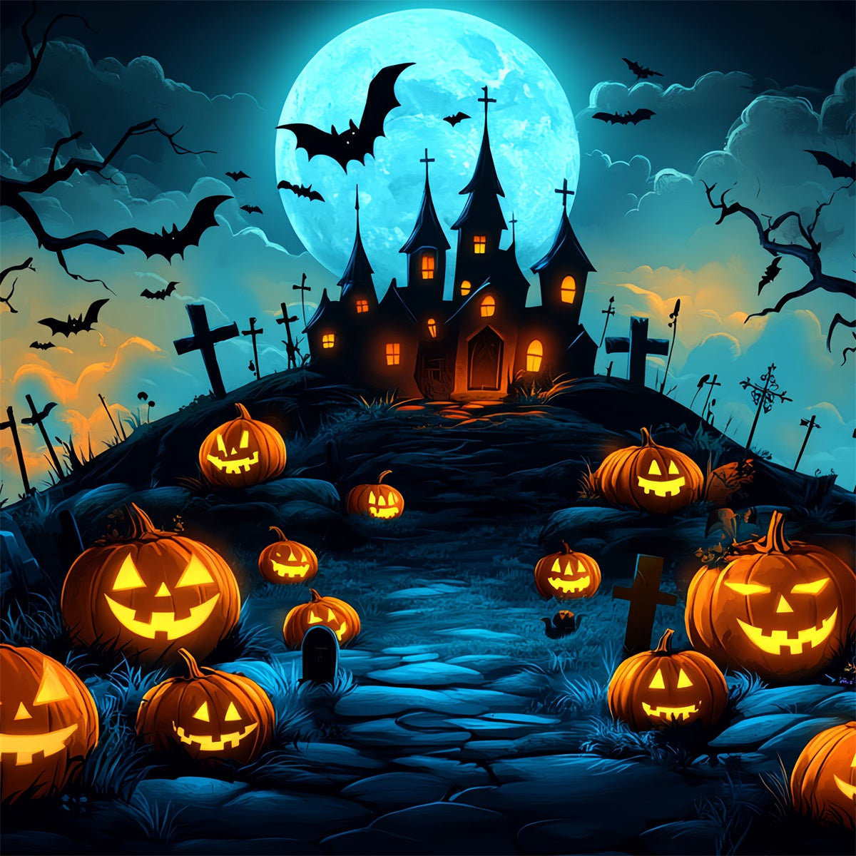 Moon Backdrop Pumpkin Hill Haunted Castle Halloween Backdrop Ideas UK CSH58-70