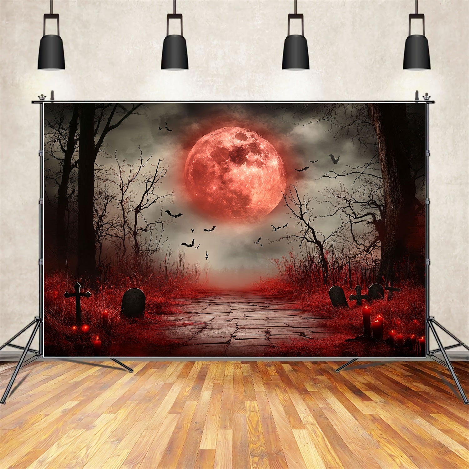 Moon Backdrop Blood Moon Haunted Graveyard Halloween Backdrop UK CSH58-73
