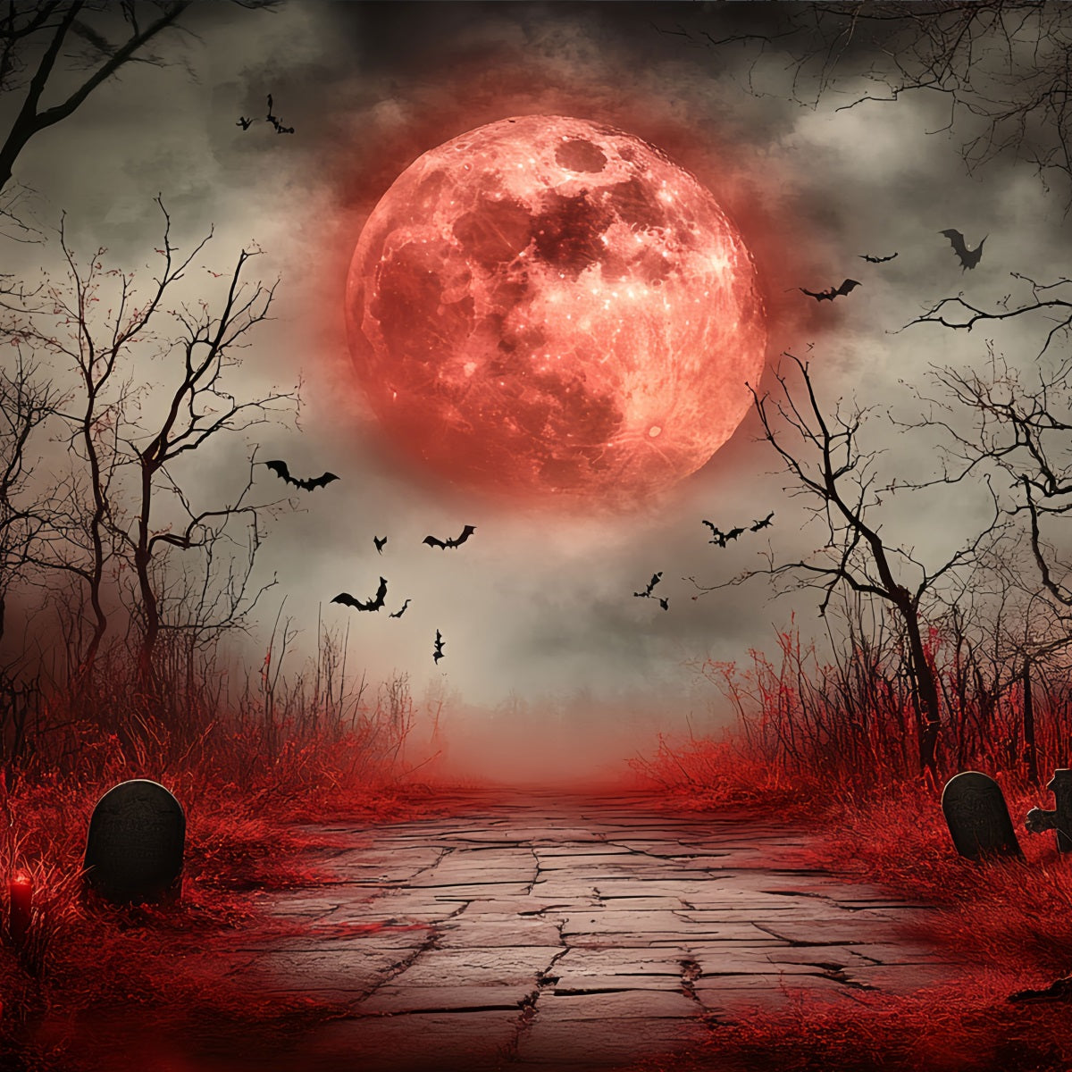 Moon Backdrop Blood Moon Haunted Graveyard Halloween Backdrop UK CSH58-73