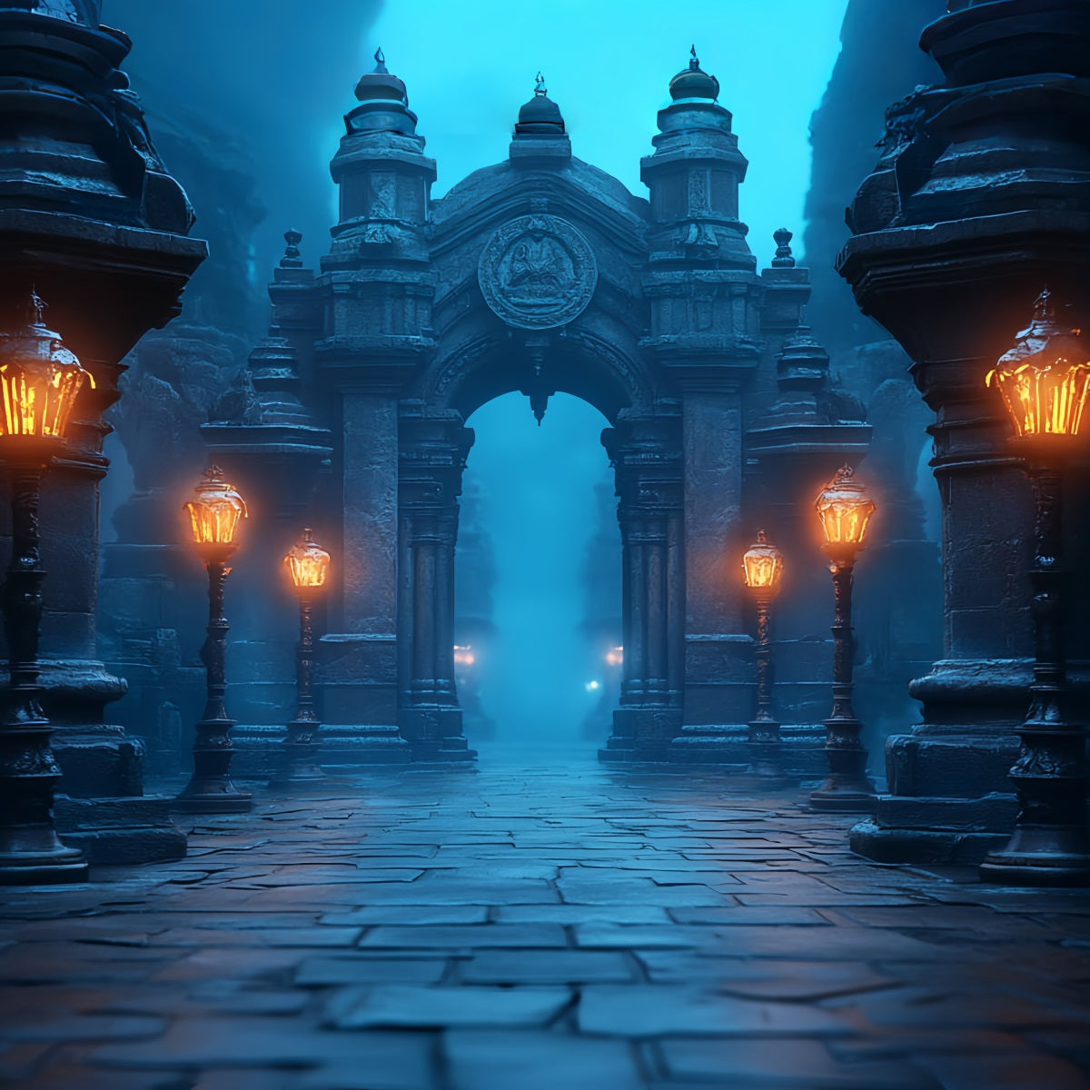 Dark Backdrop Misty Lantern Archway Path Halloween Backdrops UK CSH58-75