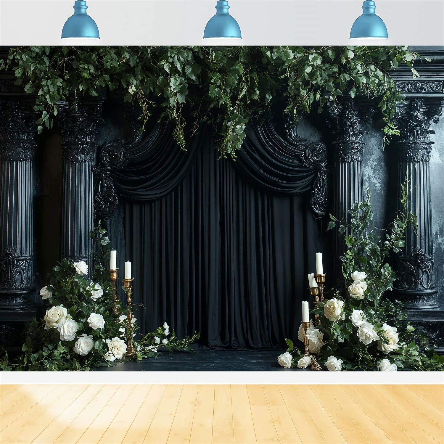 Dark Backdrop Black Pillar Roses Candles Halloween Backdrop for Photos UK CSH58-77