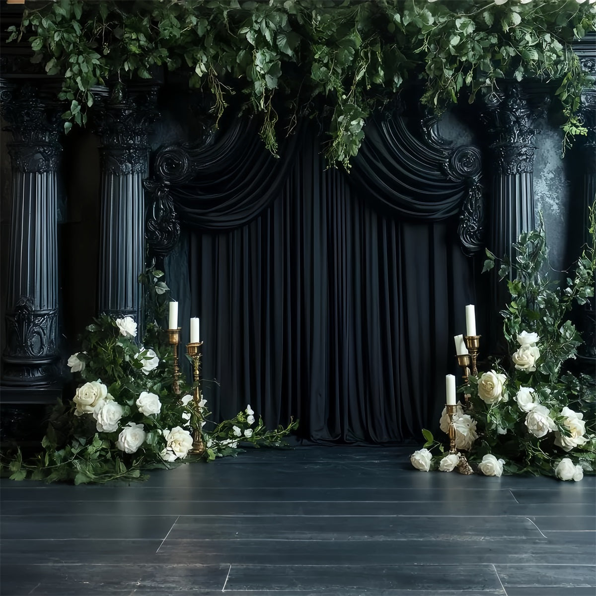 Dark Backdrop Black Pillar Roses Candles Halloween Backdrop for Photos UK CSH58-77