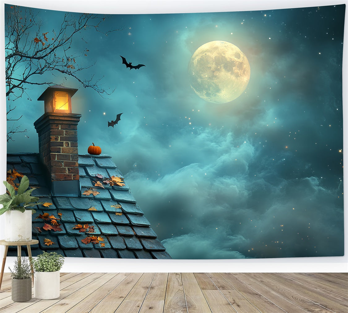 Night Sky Backdrop Pumpkin Rooftop Starry Moon Halloween Backdrops UK CSH58-82