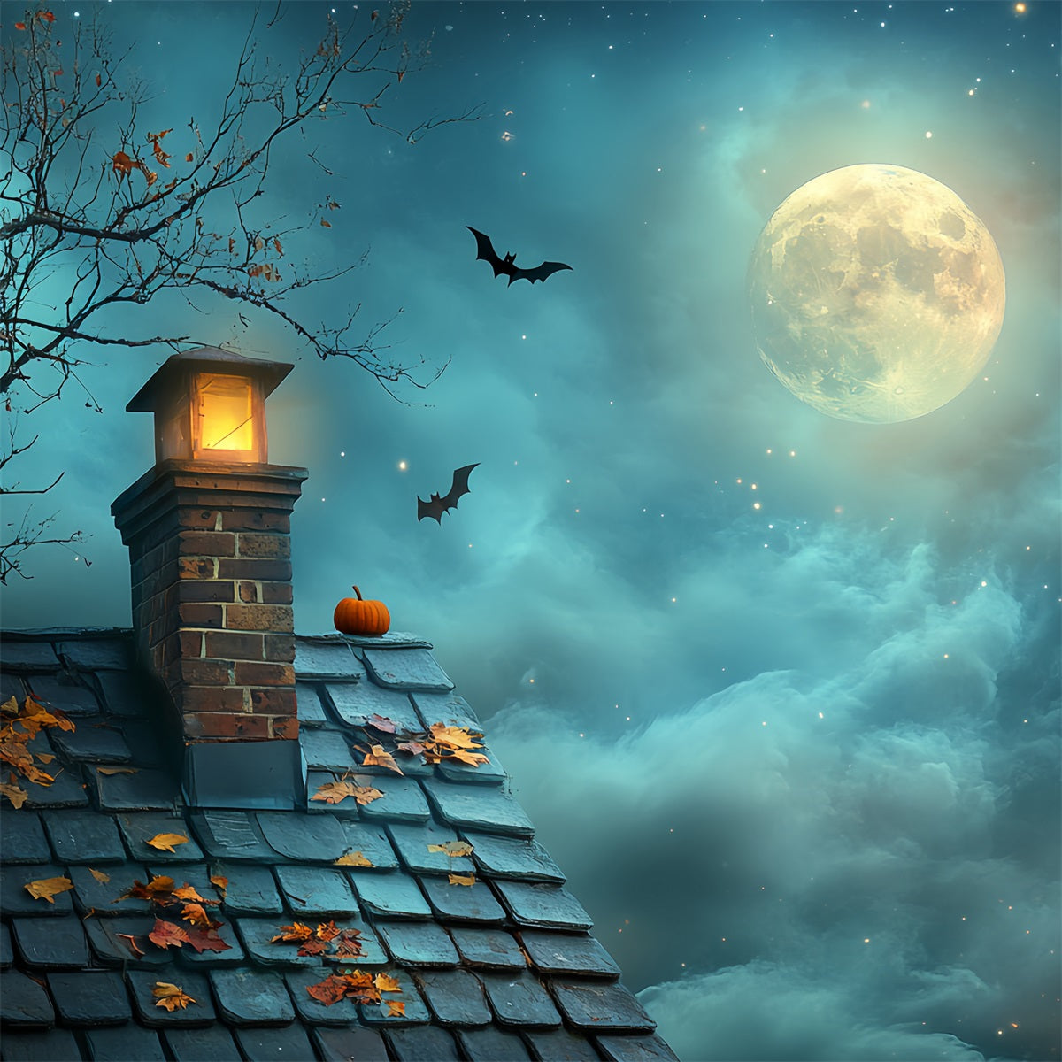 Night Sky Backdrop Pumpkin Rooftop Starry Moon Halloween Backdrops UK CSH58-82