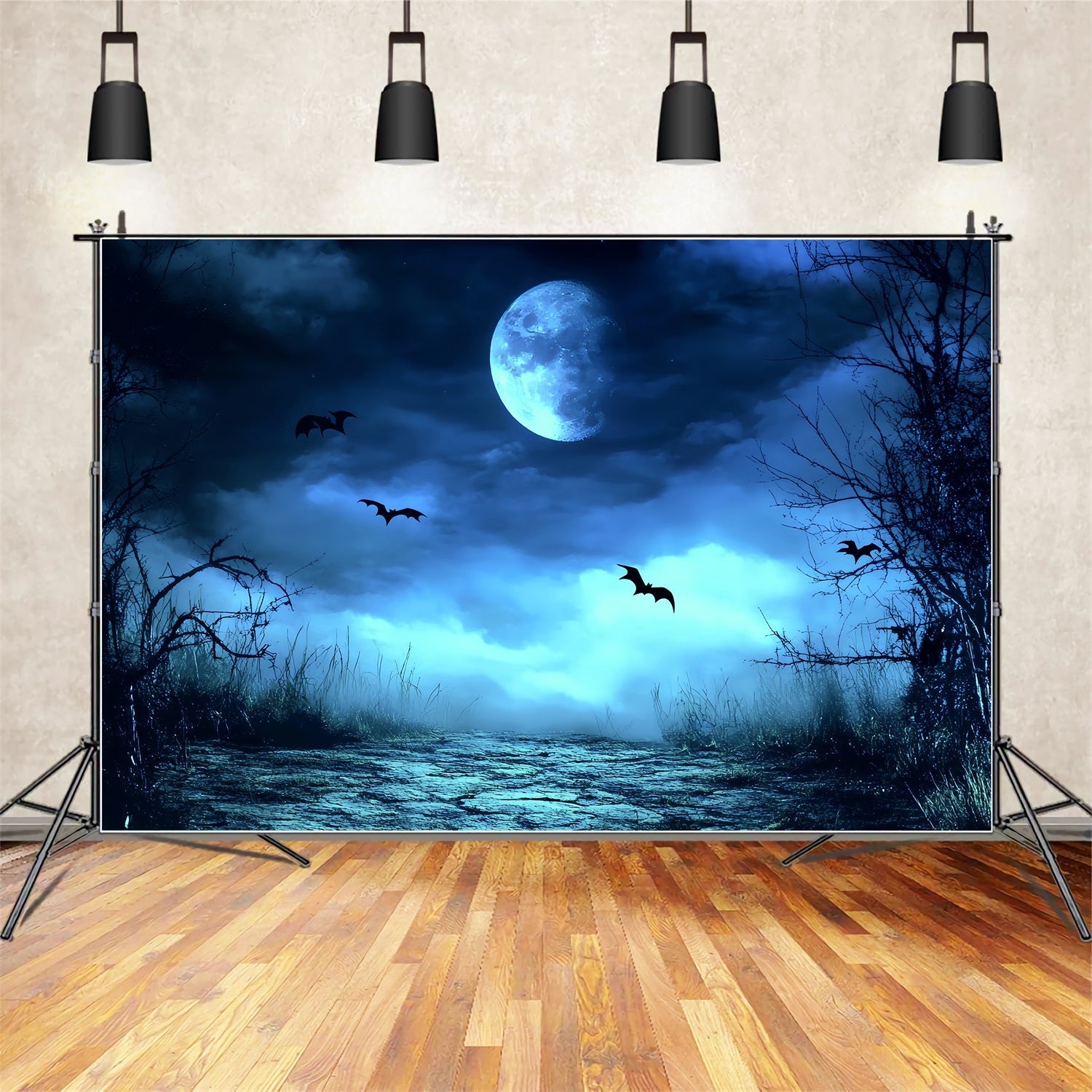Night Sky Backdrop Blue Mist Spooky Path Halloween Photo Backdrop UK CSH58-83