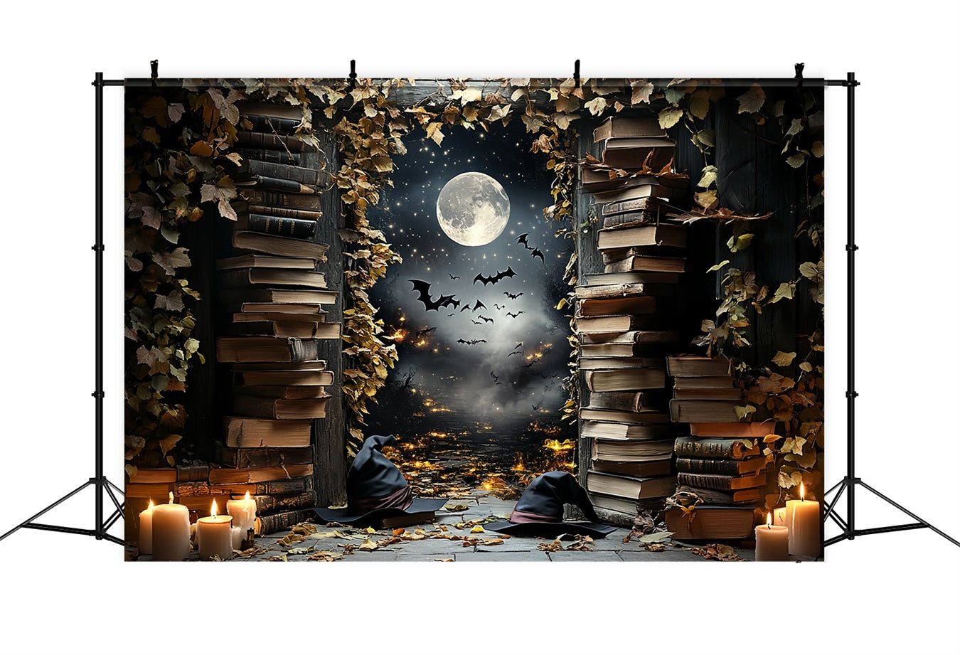 Night Sky Backdrop Witch Library Moonlit Bats Halloween Backdrop Ideas UK CSH58-84