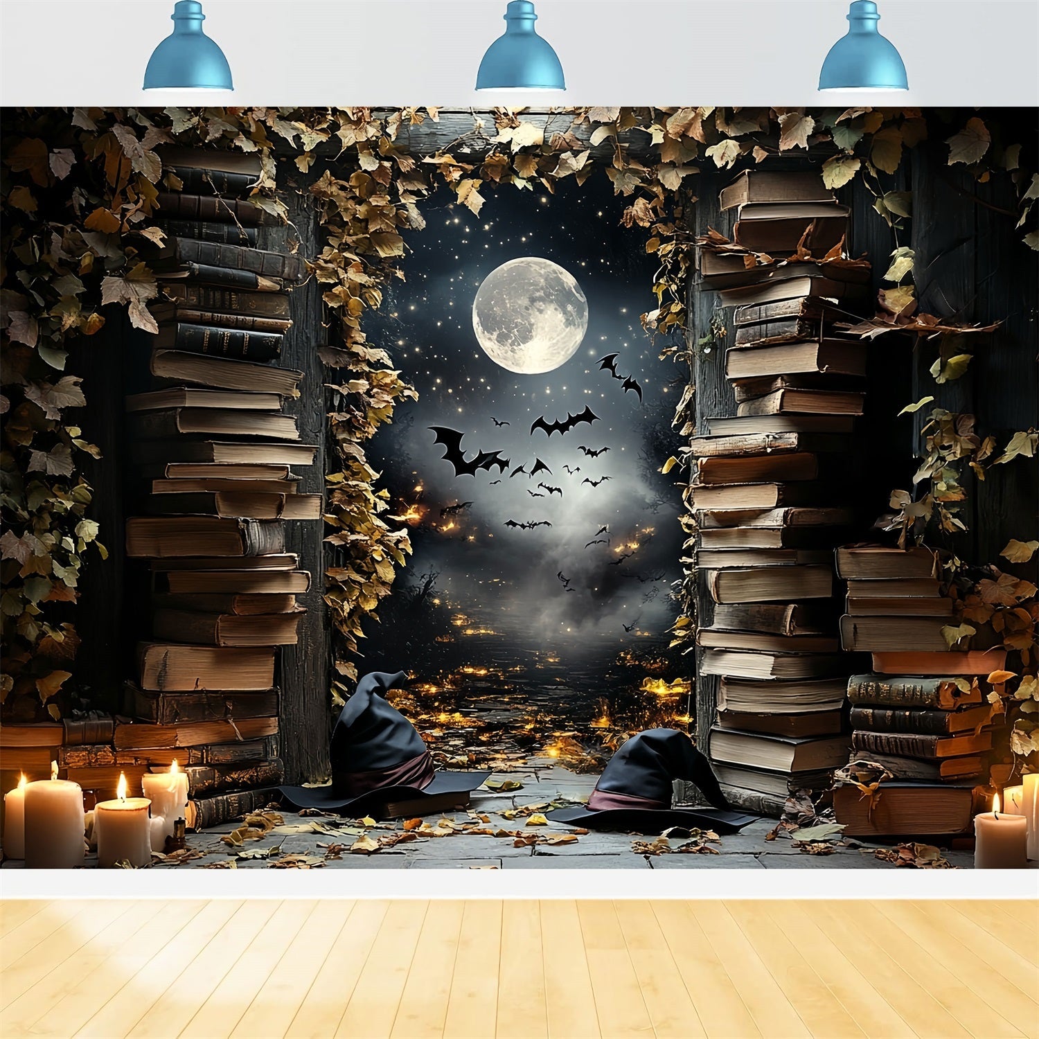 Night Sky Backdrop Witch Library Moonlit Bats Halloween Backdrop Ideas UK CSH58-84