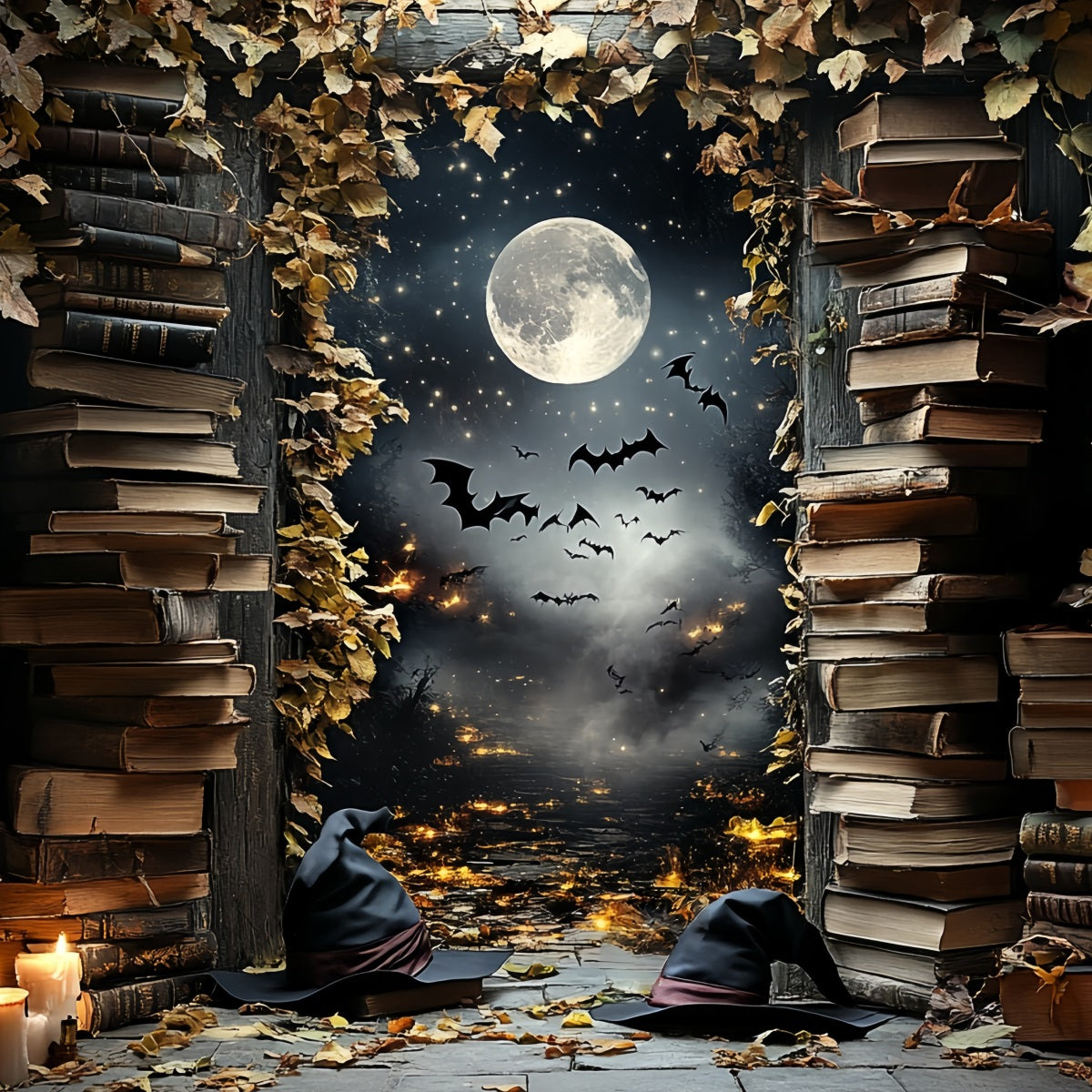 Night Sky Backdrop Witch Library Moonlit Bats Halloween Backdrop Ideas UK CSH58-84