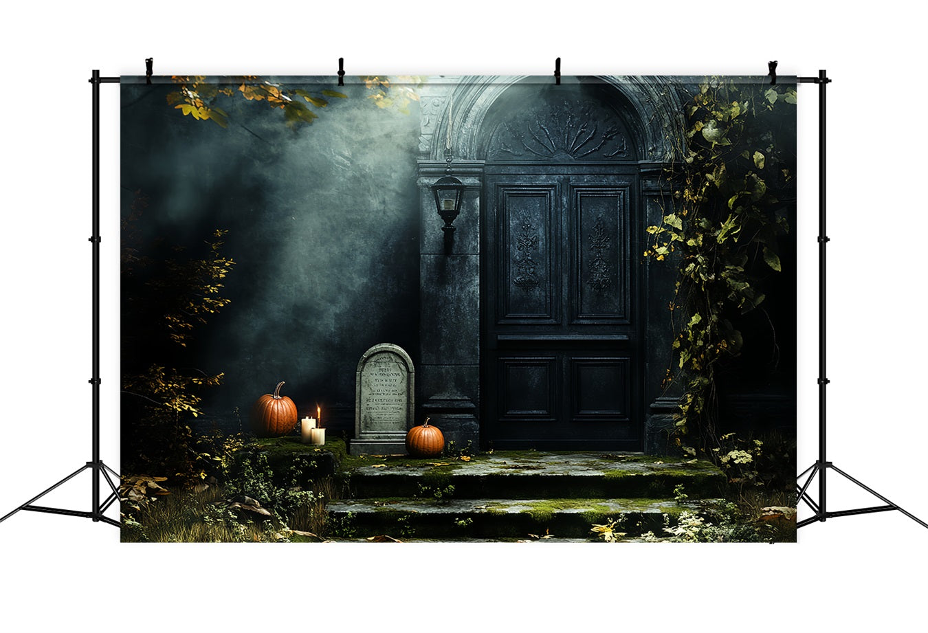 Cemetery Backdrop Haunted Door Pumpkins Moss Gravestone Halloween Backdrop UK CSH58-88