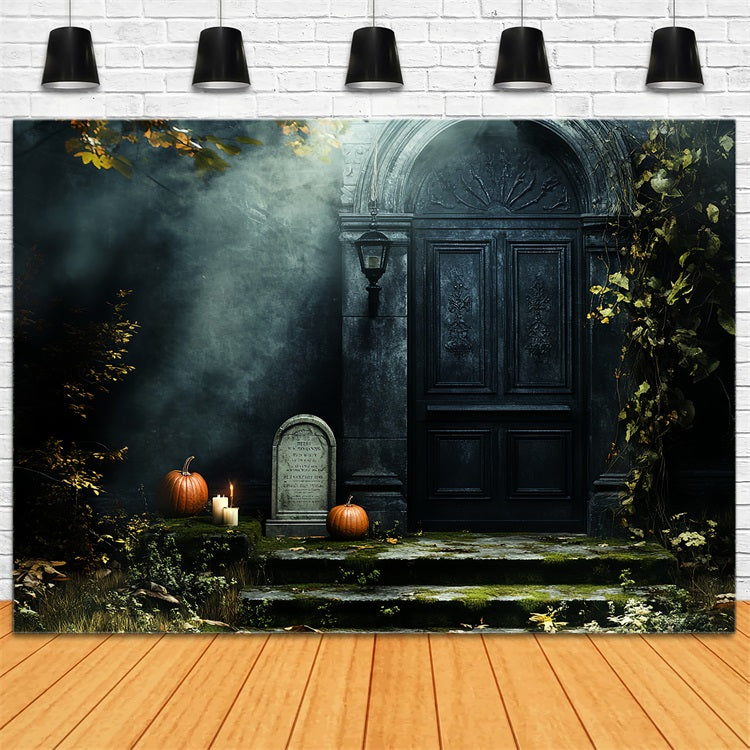 Cemetery Backdrop Haunted Door Pumpkins Moss Gravestone Halloween Backdrop UK CSH58-88
