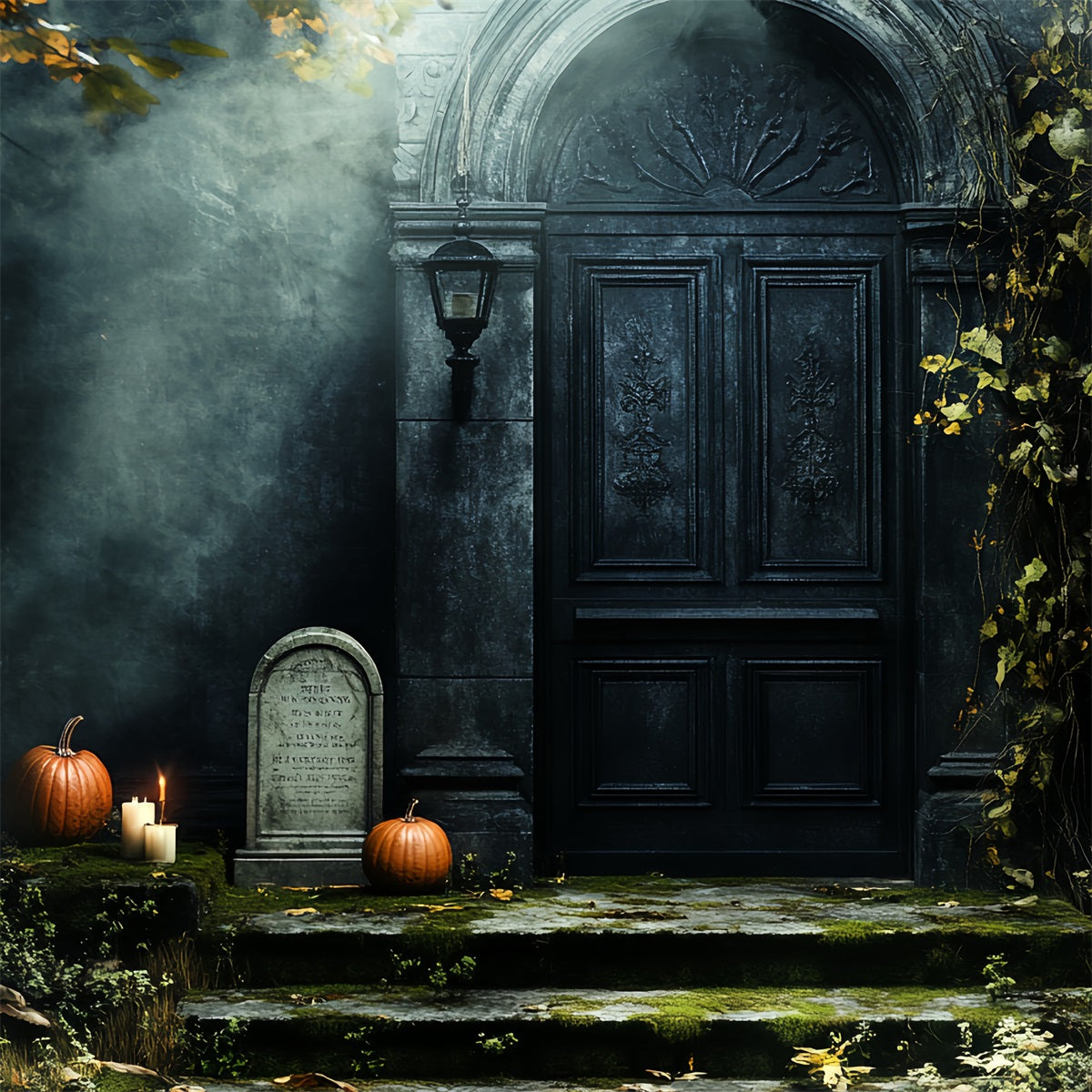 Cemetery Backdrop Haunted Door Pumpkins Moss Gravestone Halloween Backdrop UK CSH58-88