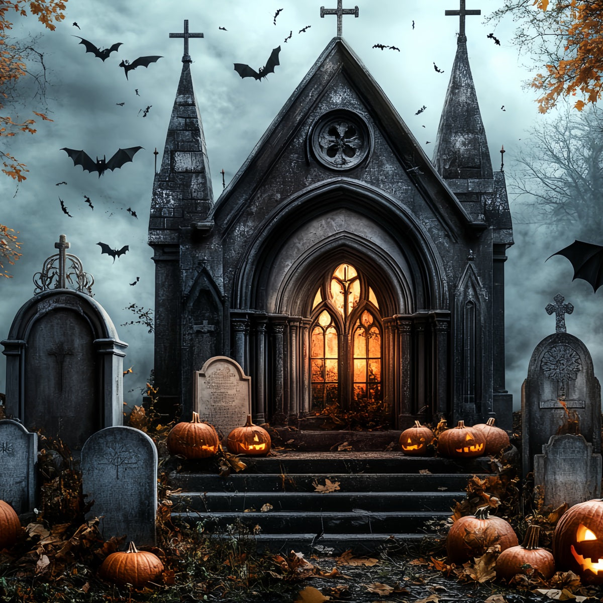 Cemetery Backdrop Gothic Church Pumpkins Bats Gravestones Halloween Backdrops UK CSH58-89
