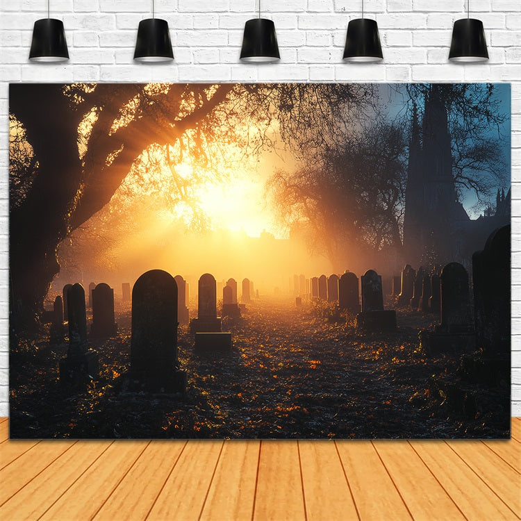 Cemetery Backdrop Cemetery Golden Sunset Mist Halloween Backdrops UK CSH58-92