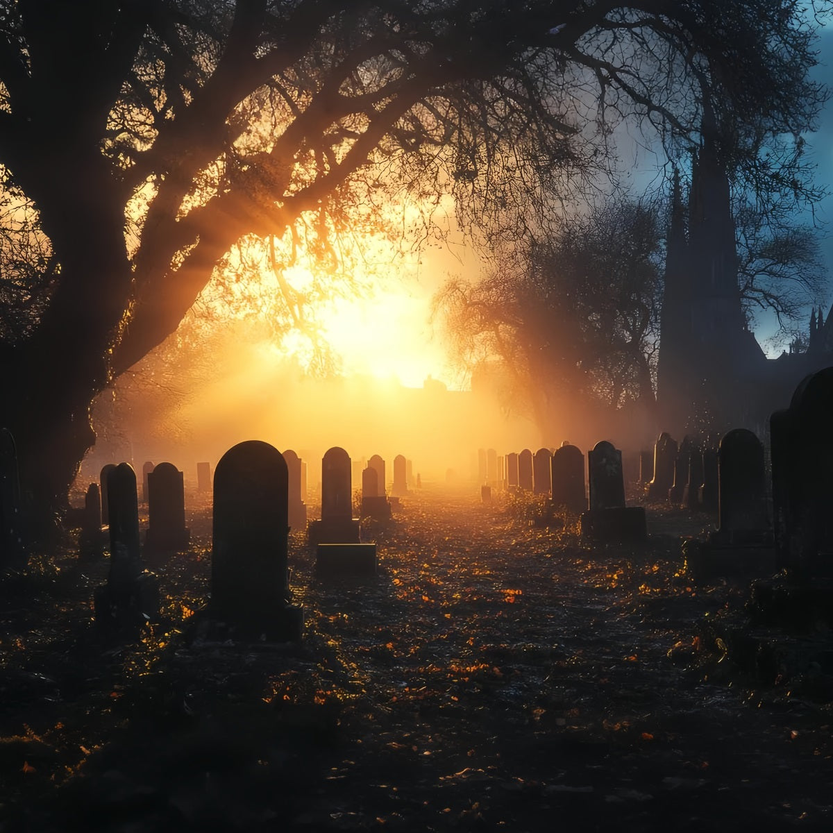 Cemetery Backdrop Cemetery Golden Sunset Mist Halloween Backdrops UK CSH58-92