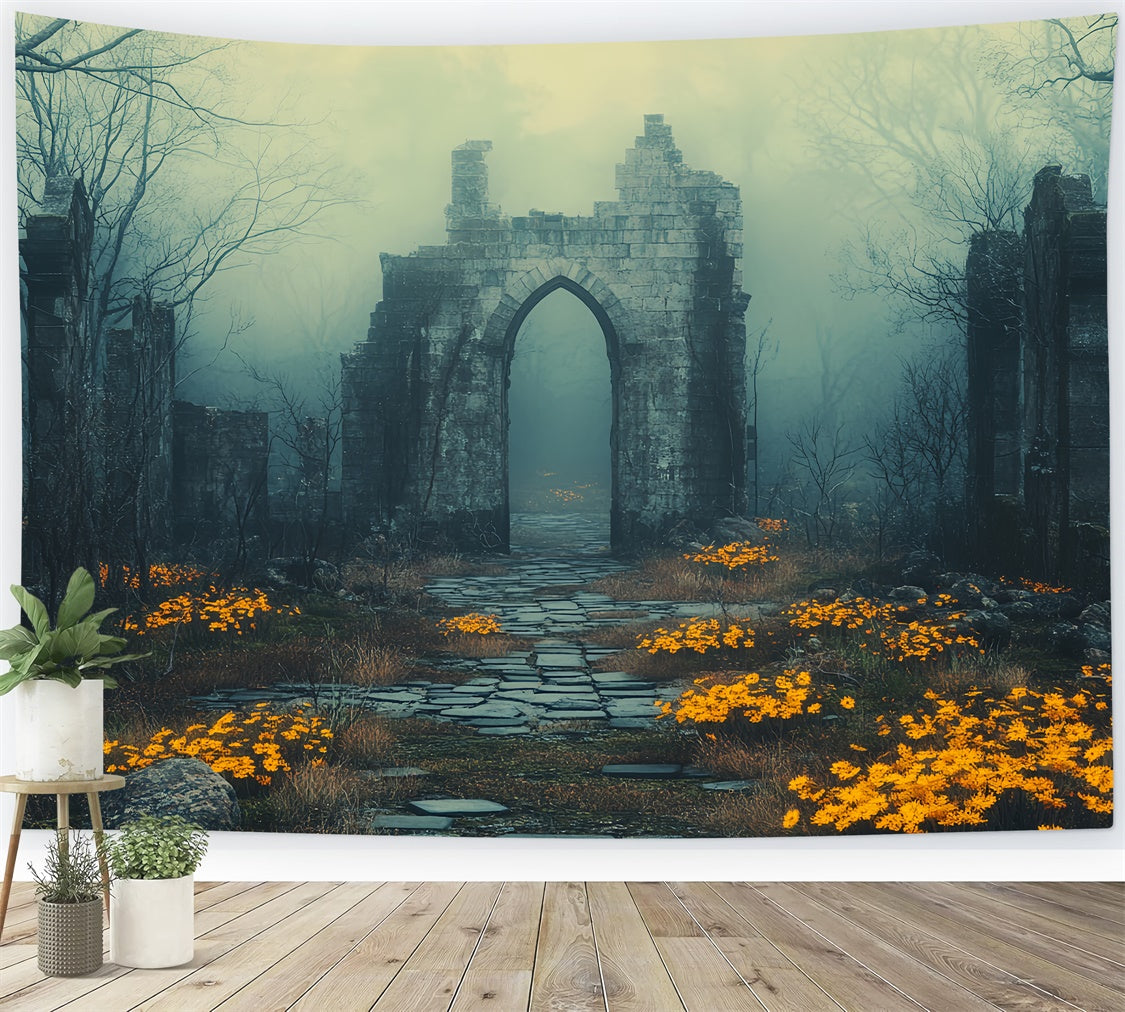 Halloween Photography Backdrop Foggy Ruins Flowers Backdrop UK CSH6-103