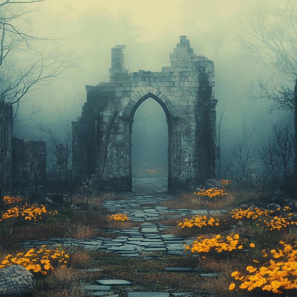 Halloween Photography Backdrop Foggy Ruins Flowers Backdrop UK CSH6-103