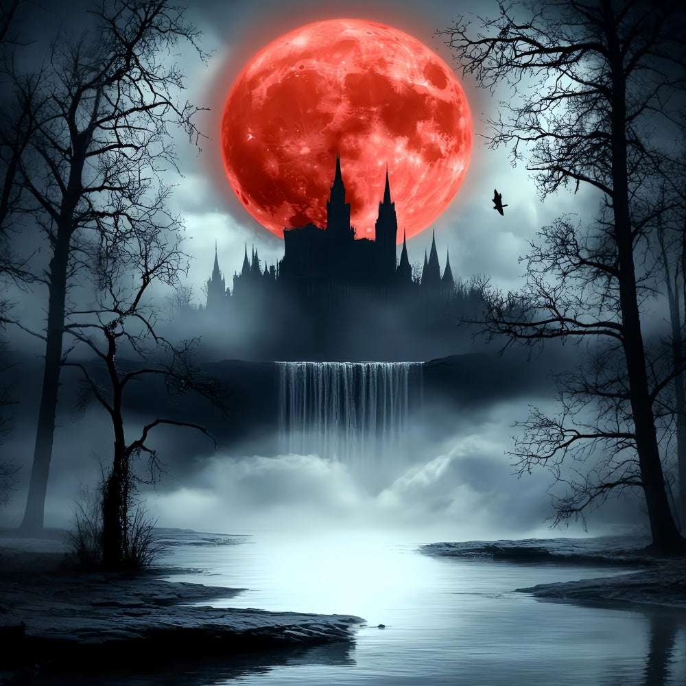 Eerie Crimson Moonlight Castle Halloween Moon Backdrop UK CSH6-111