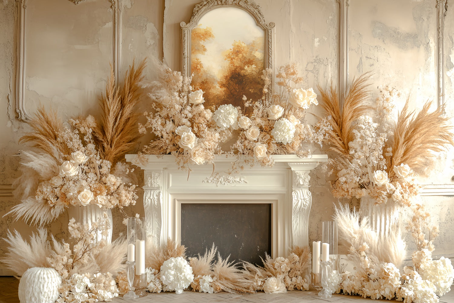 Bohemian Backdrop Cream Floral Hearth Fall Backdrop UK CSH6-183