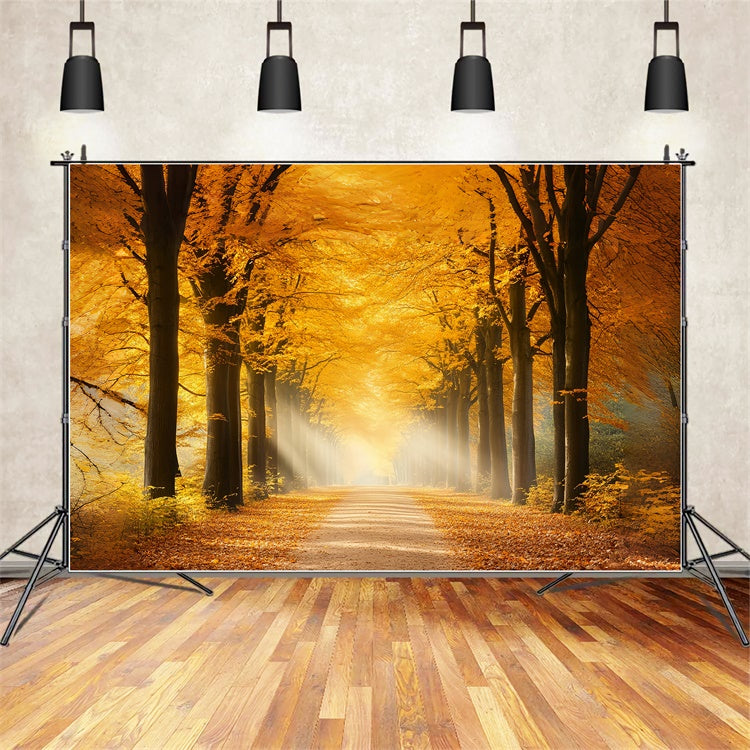 Forest Backdrop Sunlit Amber Path Autumn Leaves Backdrop UK CSH6-191