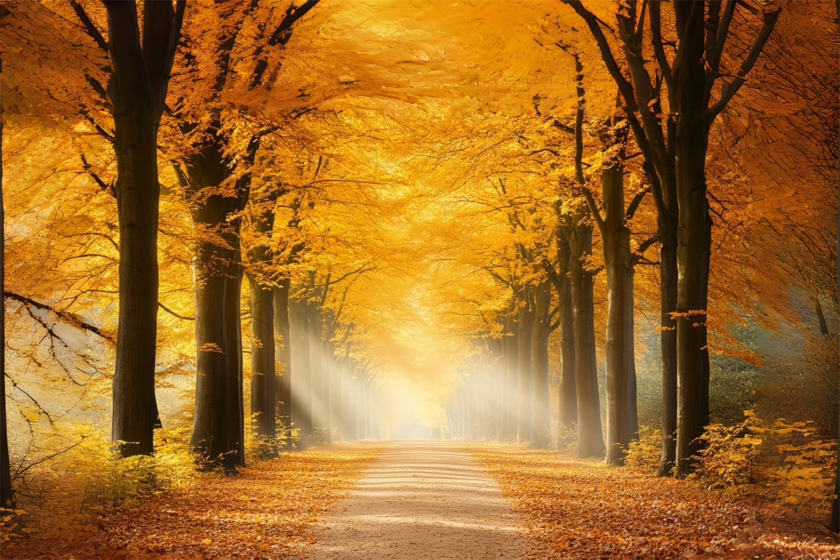 Forest Backdrop Sunlit Amber Path Autumn Leaves Backdrop UK CSH6-191
