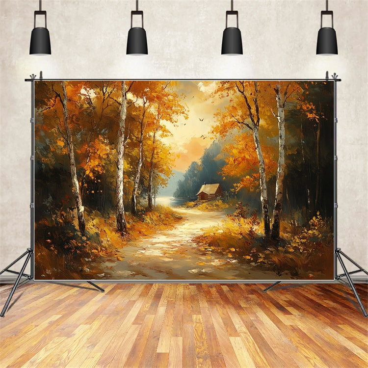 Forest Backdrop Misty Lakeside Cottage Fall Photo Backdrop UK CSH6-199