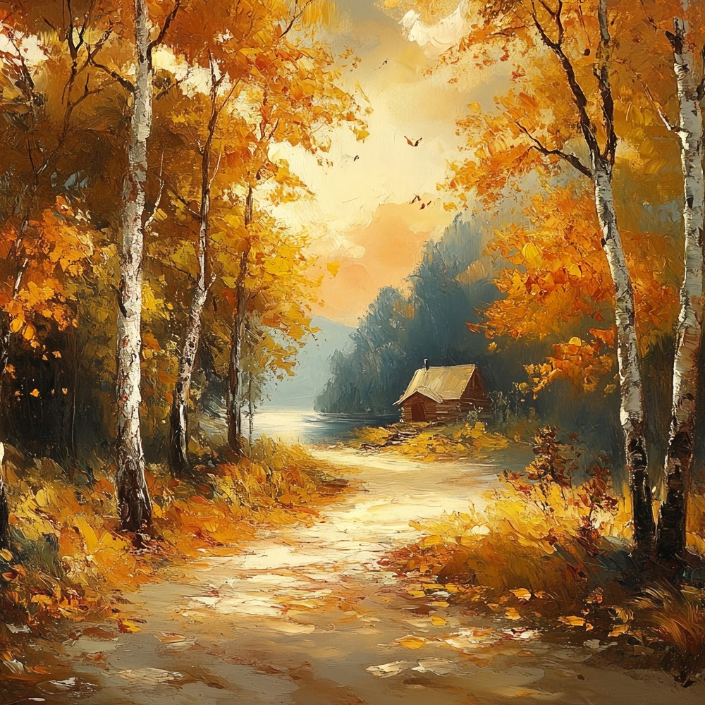 Forest Backdrop Misty Lakeside Cottage Fall Photo Backdrop UK CSH6-199