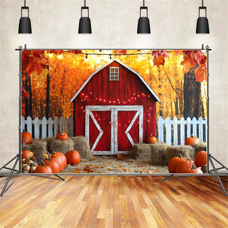 Red Barn Backdrop White Fence Harvest Autumn Photo Backdrop UK CSH6-203