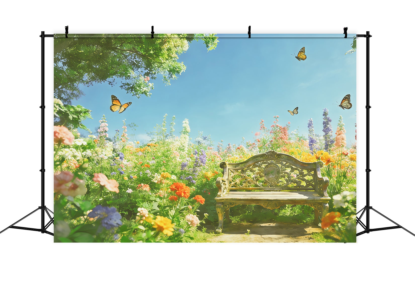 Floral Garden Backdrop Sunlit Wildflower Bench Butterfly Floral Backdrop Photoshoot UK CSH61-119