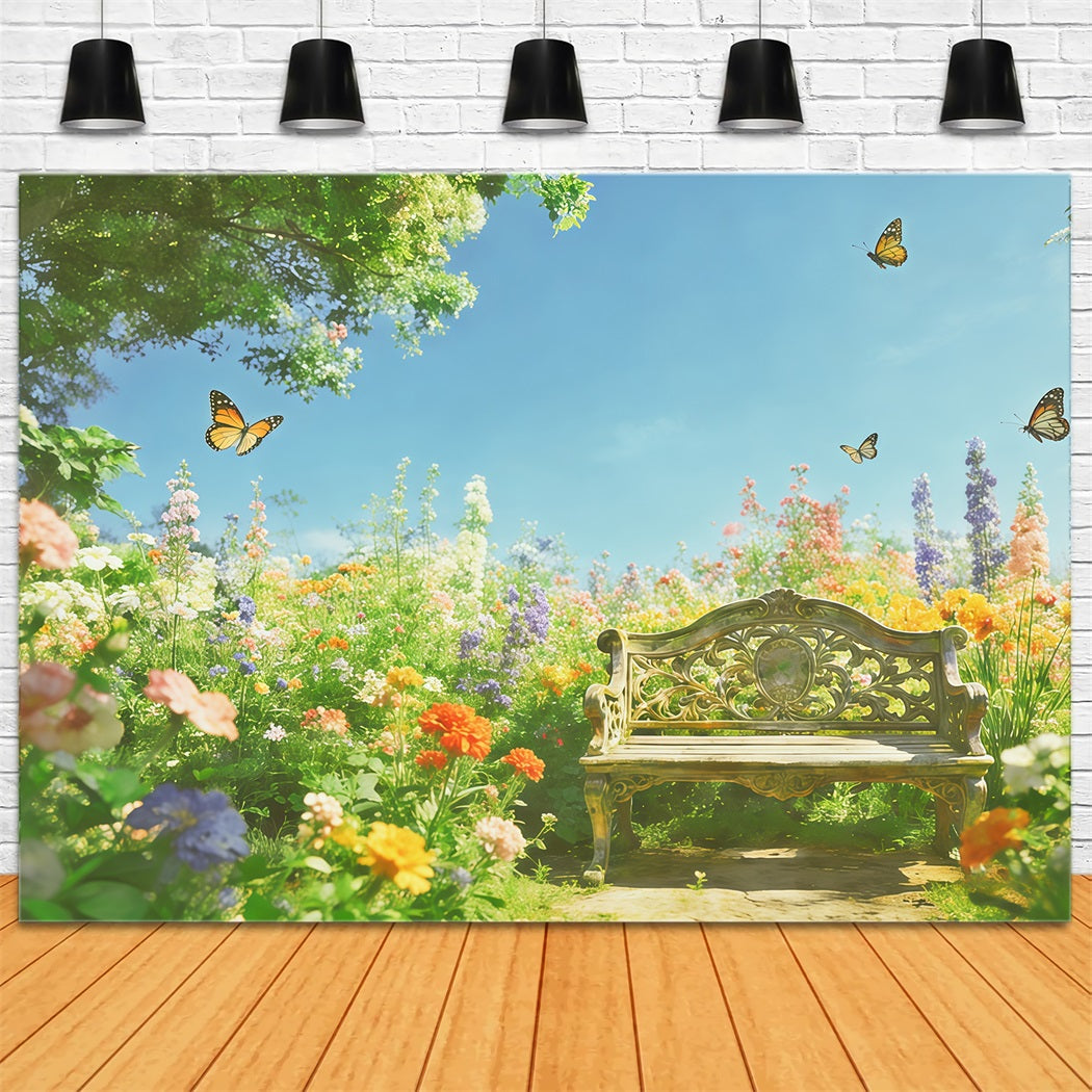 Floral Garden Backdrop Sunlit Wildflower Bench Butterfly Floral Backdrop Photoshoot UK CSH61-119