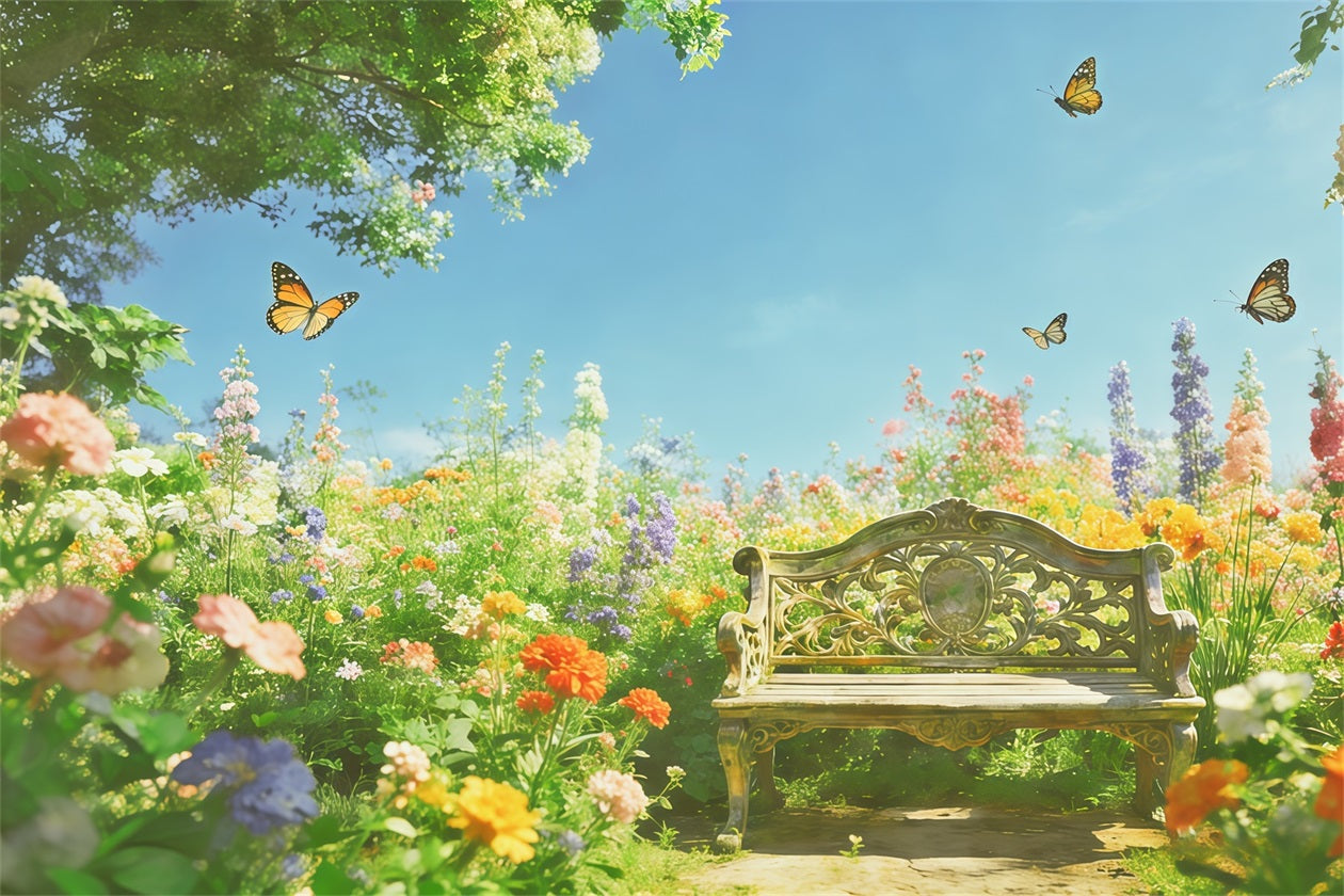 Floral Garden Backdrop Sunlit Wildflower Bench Butterfly Floral Backdrop Photoshoot UK CSH61-119