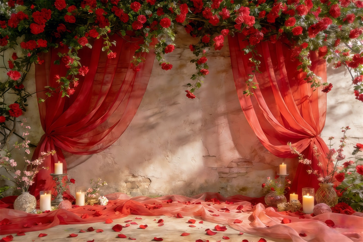 Spring Flowers Backdrop Romantic Red Draped Roses Spring Party Backdrop UK CSH61-121