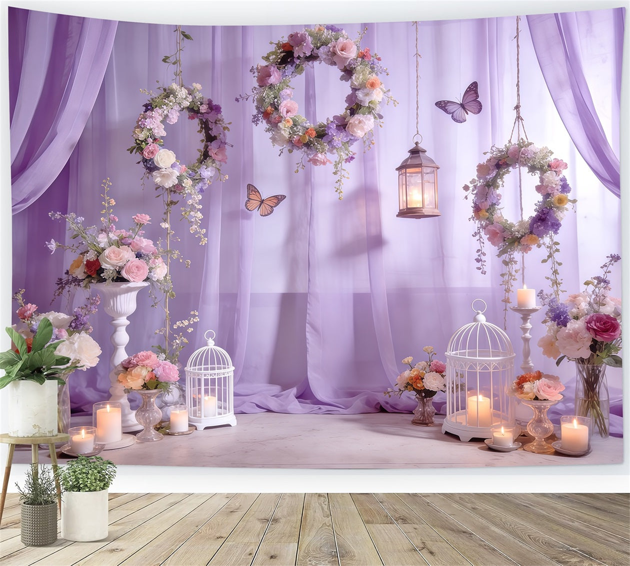 Wildflower Garland Backdrop Lavender Wreath Lantern Butterfly Spring Themed Backdrop UK CSH61-132