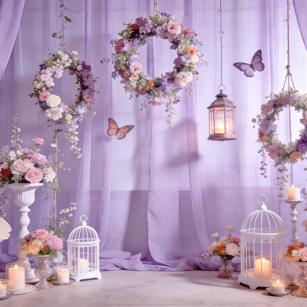 Wildflower Garland Backdrop Lavender Wreath Lantern Butterfly Spring Themed Backdrop UK CSH61-132
