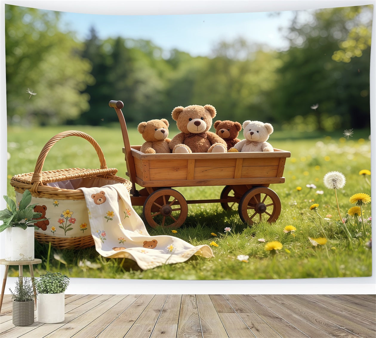 Picnic Backdrops Teddy Bear Wagon Meadow Outdoors Diy Spring Backdrop UK CSH61-140