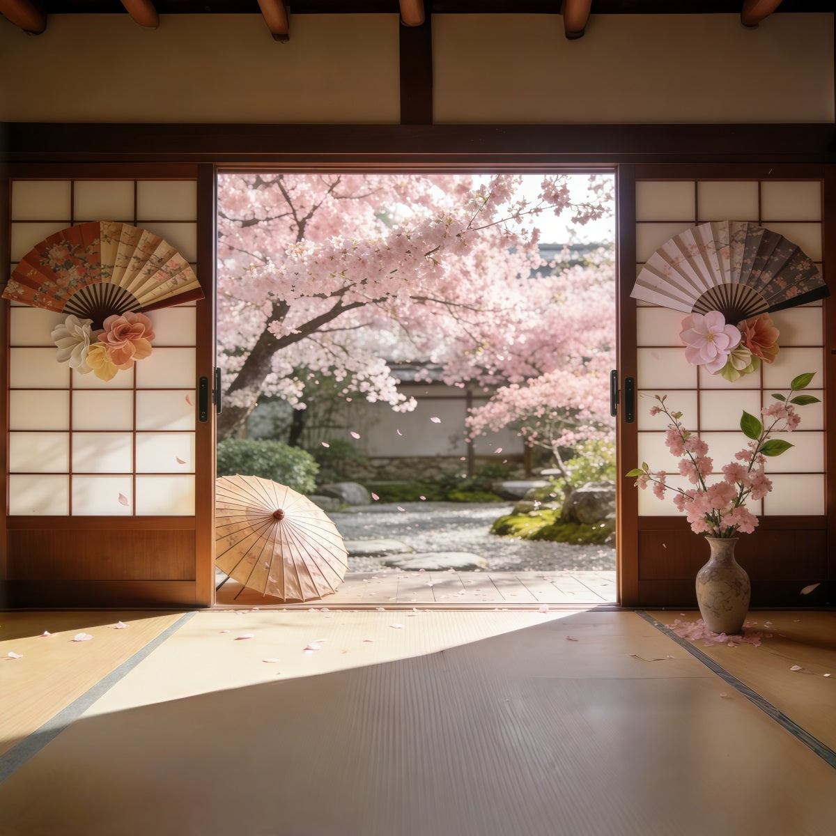 Backdrop Cherry Blossom Sakura Courtyard Sliding Doors Floral Picture Backdrop UK CSH61-142