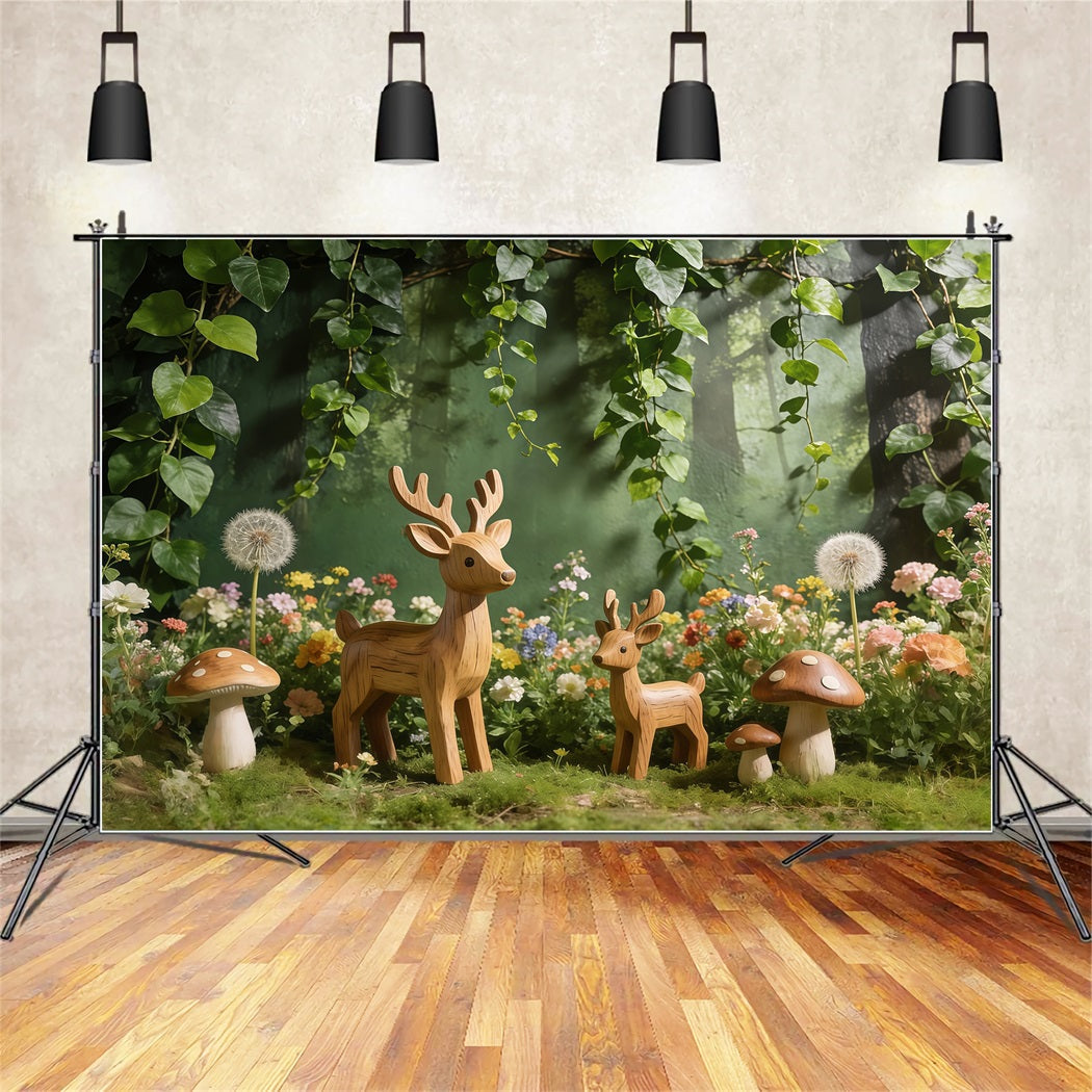 Deer Backdrop Woodland Forest Mushroom Meadow Spring Backdrop Flowers UK CSH61-145