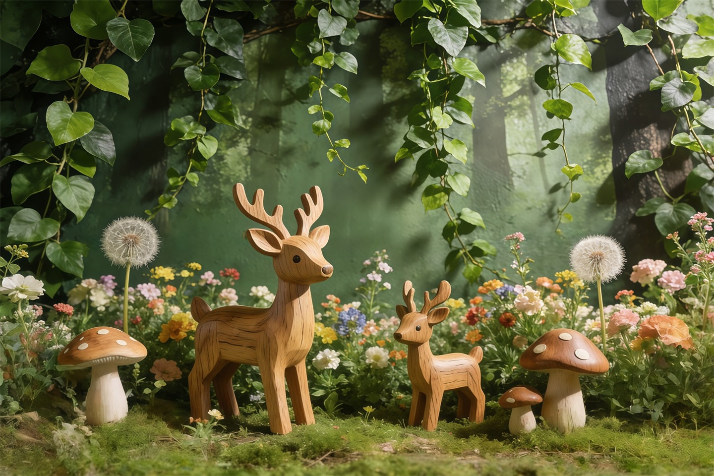 Deer Backdrop Woodland Forest Mushroom Meadow Spring Backdrop Flowers UK CSH61-145