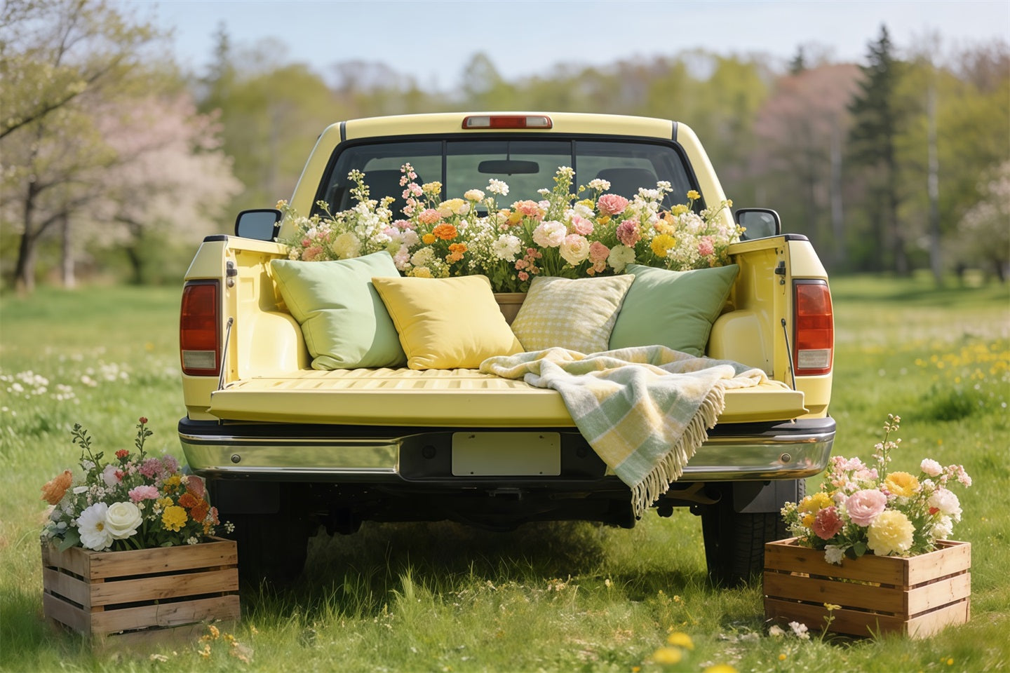 Picnic Backdrop Ideas Vintage Yellow Truck Blooms Cheap Spring Photography Backdrops UK CSH61-146