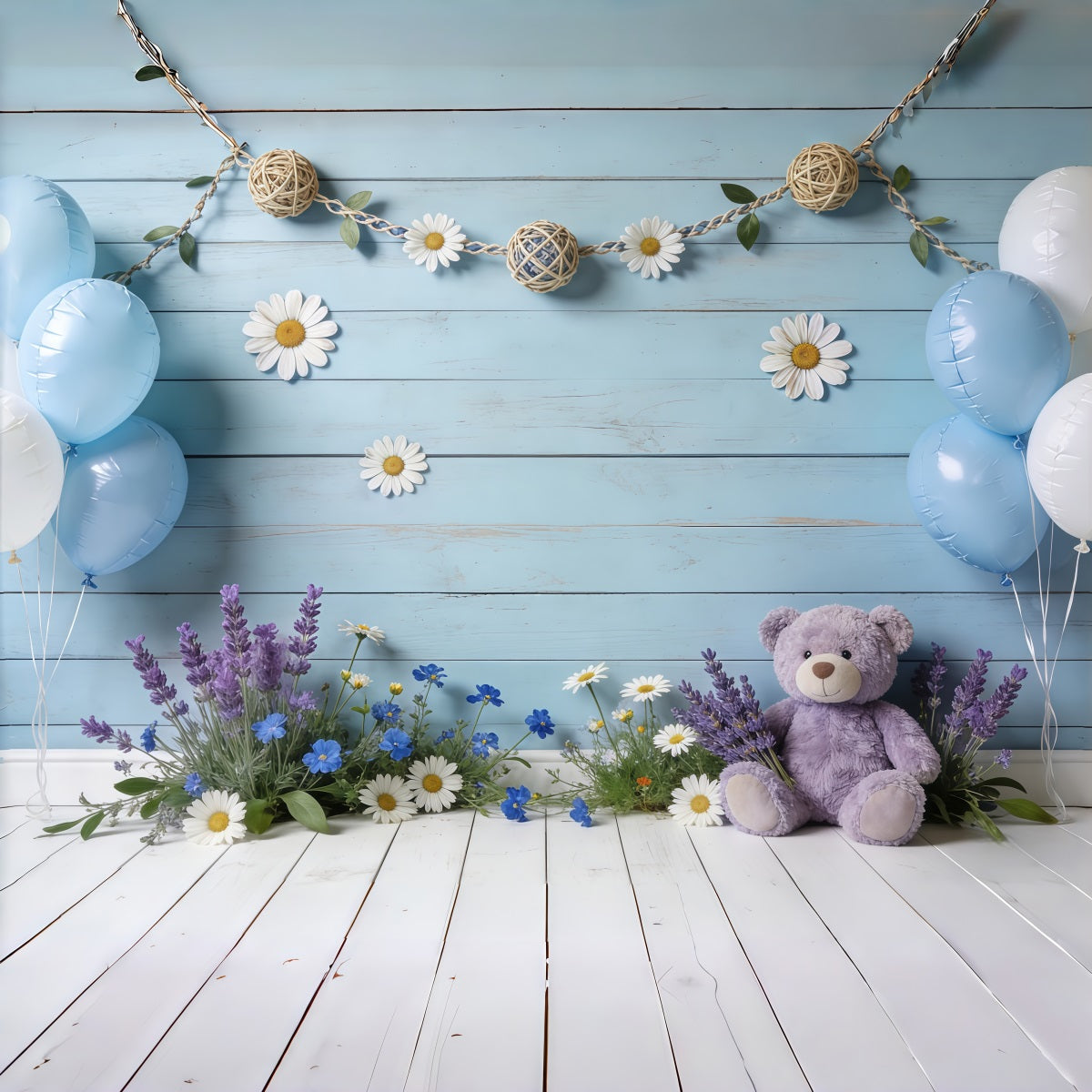 Daisy Flower Backdrop Blue Wooden Wall Balloon Teddy Floral Backdrop For Pictures UK CSH61-150