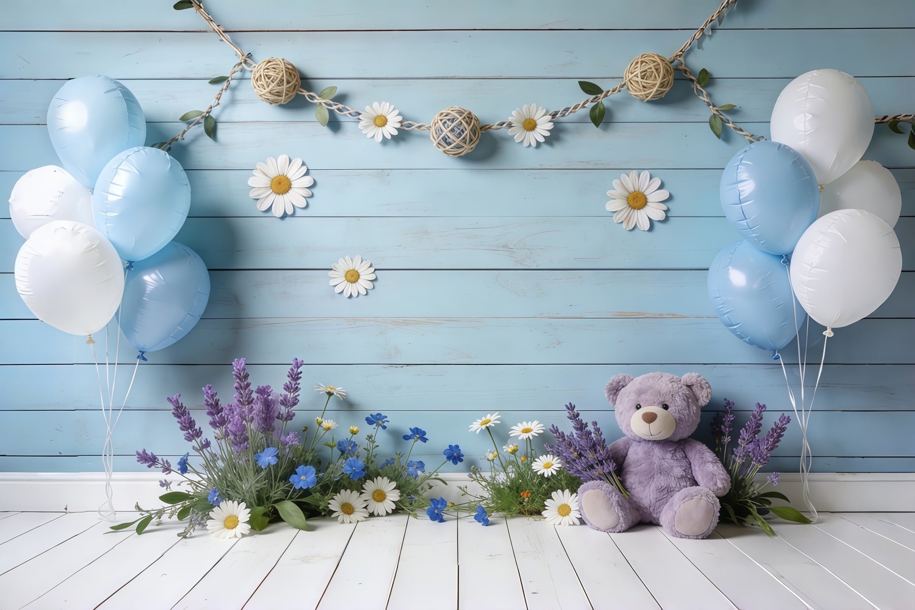 Daisy Flower Backdrop Blue Wooden Wall Balloon Teddy Floral Backdrop For Pictures UK CSH61-150