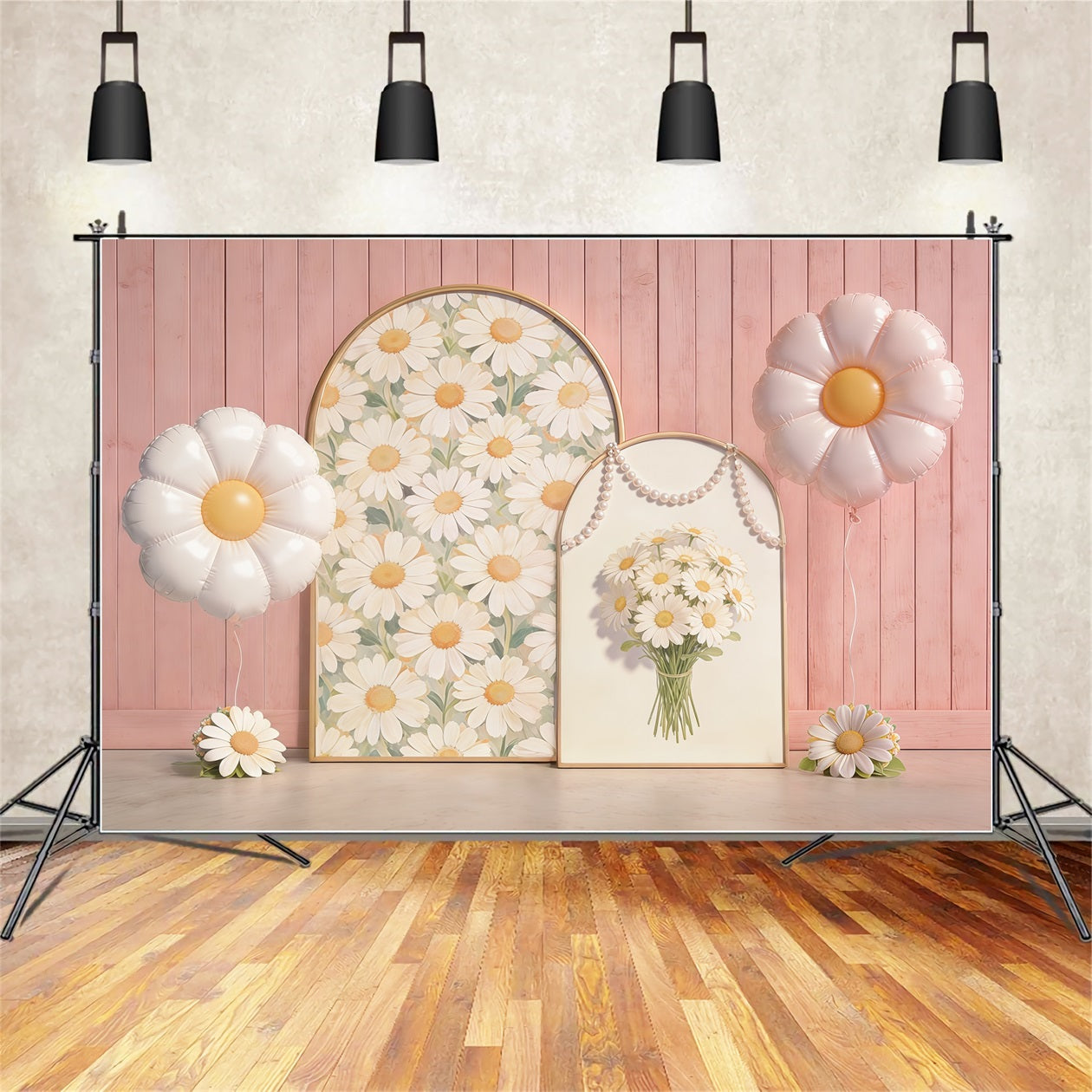 Daisy Flower Backdrop Pink Wooden Wall Arch Balloon Floral Backdrop For Pictures UK CSH61-151