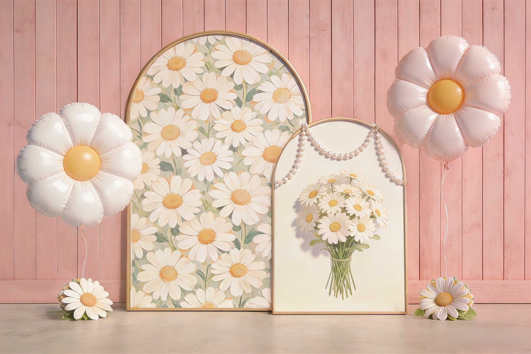 Daisy Flower Backdrop Pink Wooden Wall Arch Balloon Floral Backdrop For Pictures UK CSH61-151
