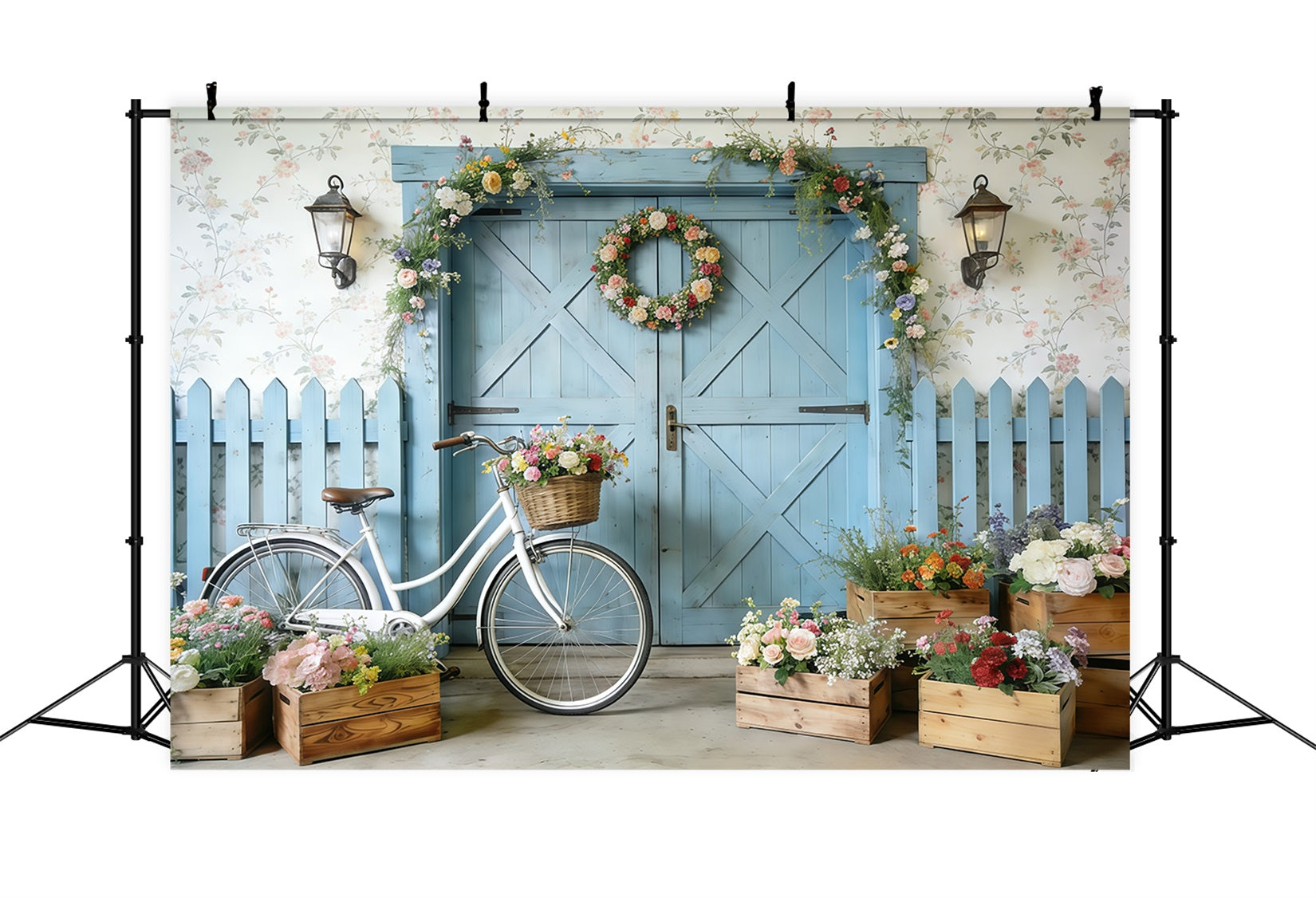 Bicycle Backdrop Blue Barn Door Bicycle Blooms Spring Backdrops UK CSH61-152