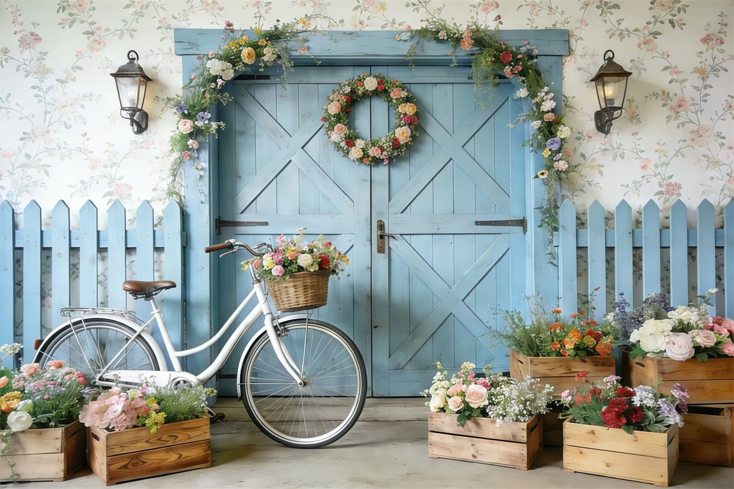 Bicycle Backdrop Blue Barn Door Bicycle Blooms Spring Backdrops UK CSH61-152