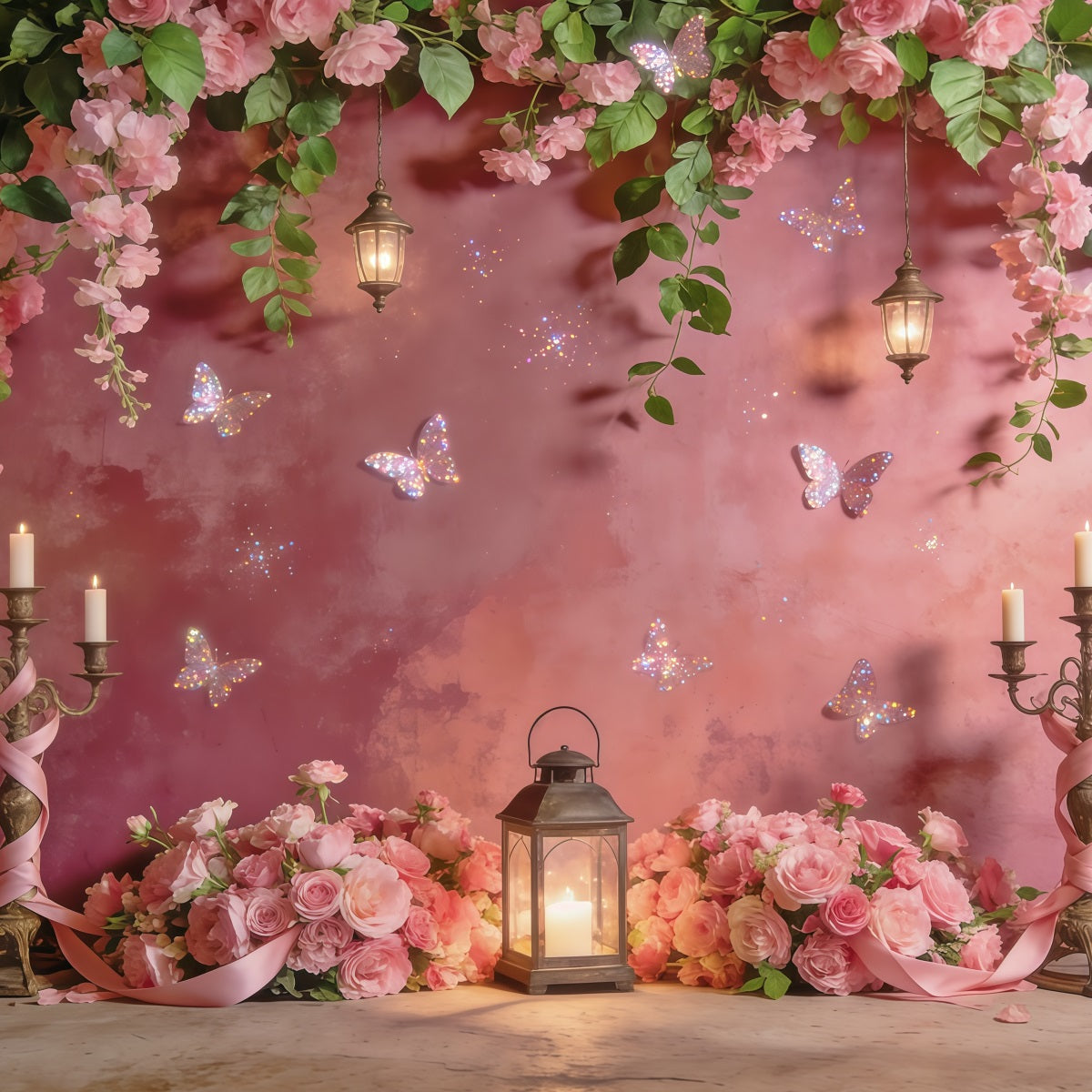 Hanging Vine Backdrop Rose Lantern Butterfly Glow Spring Photo Backdrops UK CSH61-154