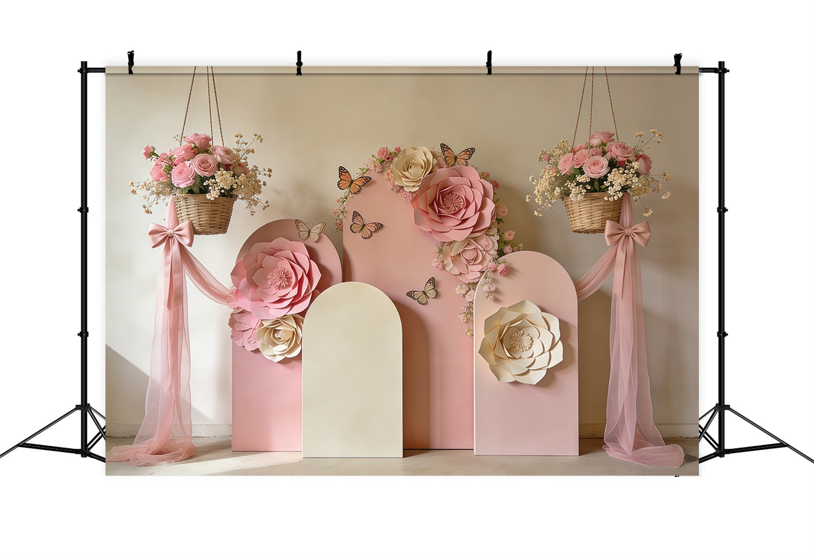 Spring Paper Flower Backdrop Blush Bloom Arch Bow Drape Photography Backdrop Floral UK CSH61-162