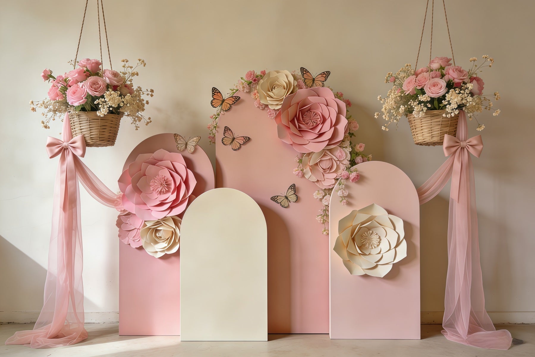 Spring Paper Flower Backdrop Blush Bloom Arch Bow Drape Photography Backdrop Floral UK CSH61-162