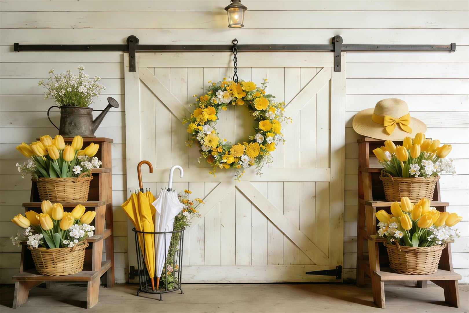 Spring Barn Door Photography Backdrop Yellow Tulip Barn Door Spring Photo Backdrop Ideas UK CSH61-163